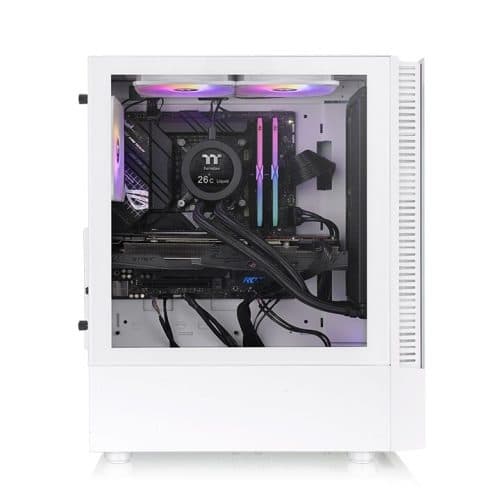 Корпус для ПК Thermaltake, белого цвета, с прозрачной боковой панелью.