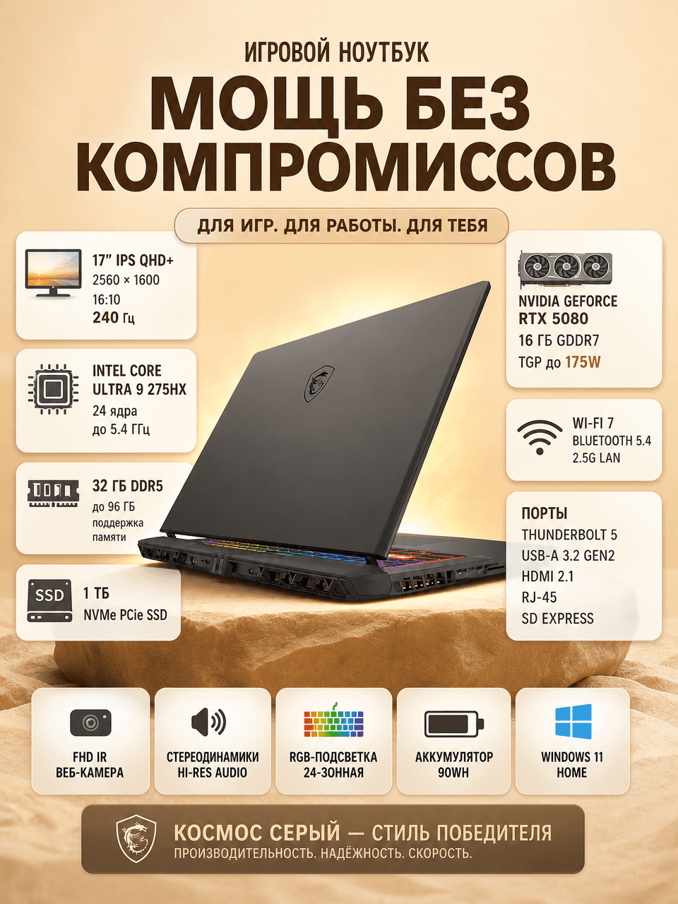 Новинка Мощный Ноутбук MSI VECTOR 17 HX AI A2XWIG-238XUZ ULTRA 9-275HX 32GB 1TB SSD 16GB RTX 5080 17'' IPS QHD+ 240Hz COSMOS GRAY RGB BACKLIT