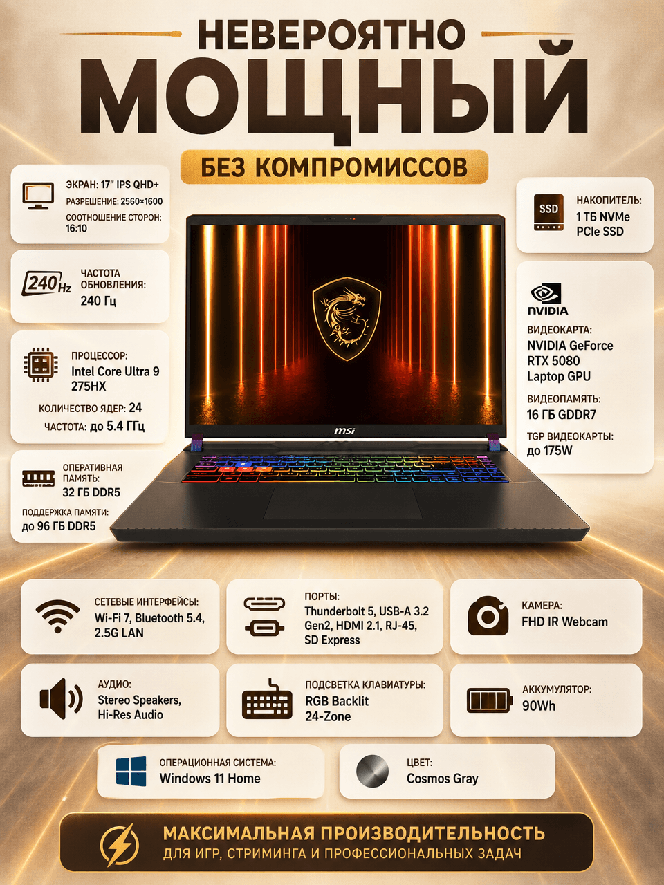 Новинка Мощный Ноутбук MSI VECTOR 17 HX AI A2XWIG-238XUZ ULTRA 9-275HX 32GB 1TB SSD 16GB RTX 5080 17'' IPS QHD+ 240Hz COSMOS GRAY RGB BACKLIT