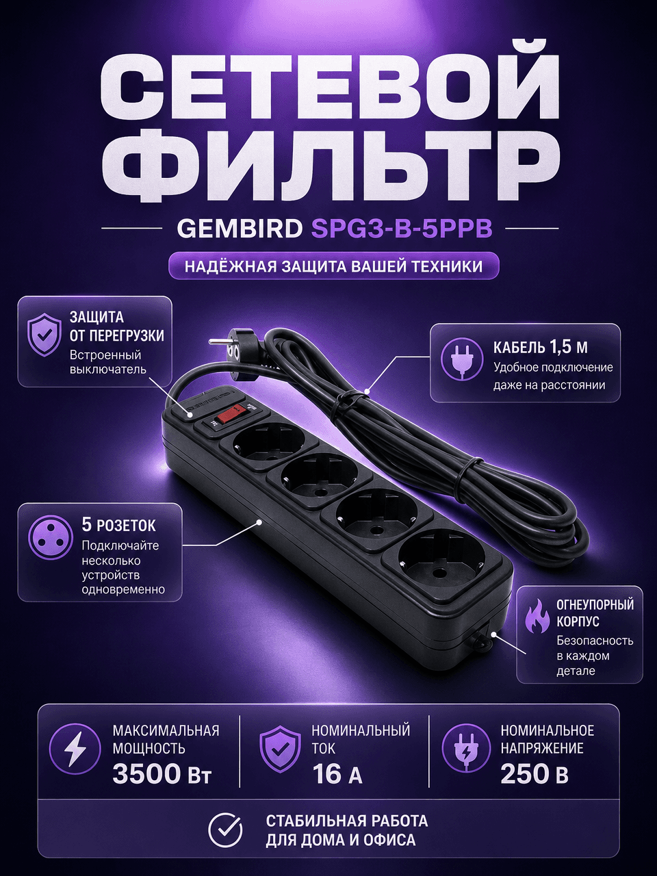 Сетевой фильтр Gembird SPG3-B-5PPB 1.5м