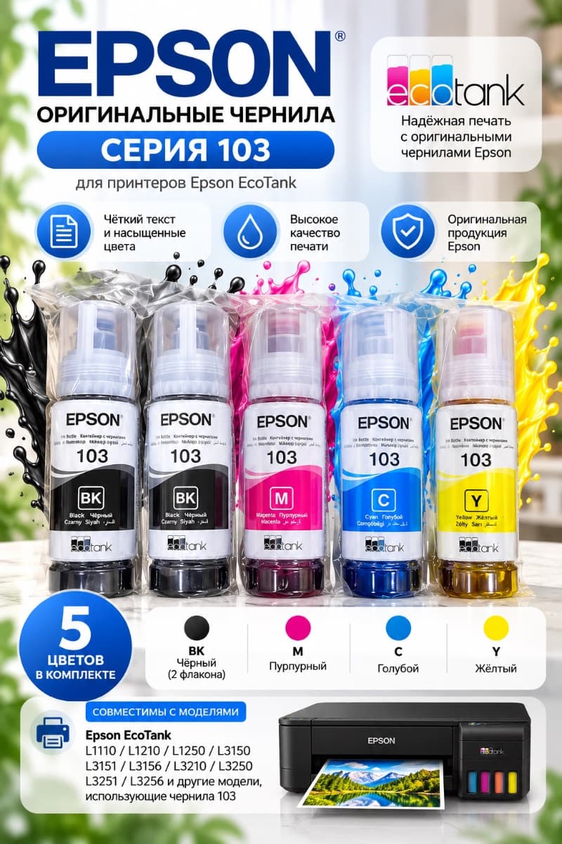 Оригинальные чернила Epson 103 — комплект 5 флаконов
